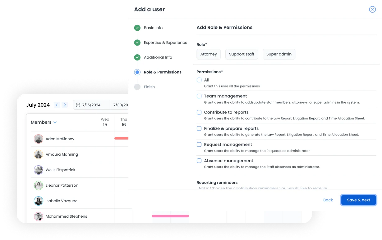 Adding a user in the ReportsVault admin portal with role and permission options