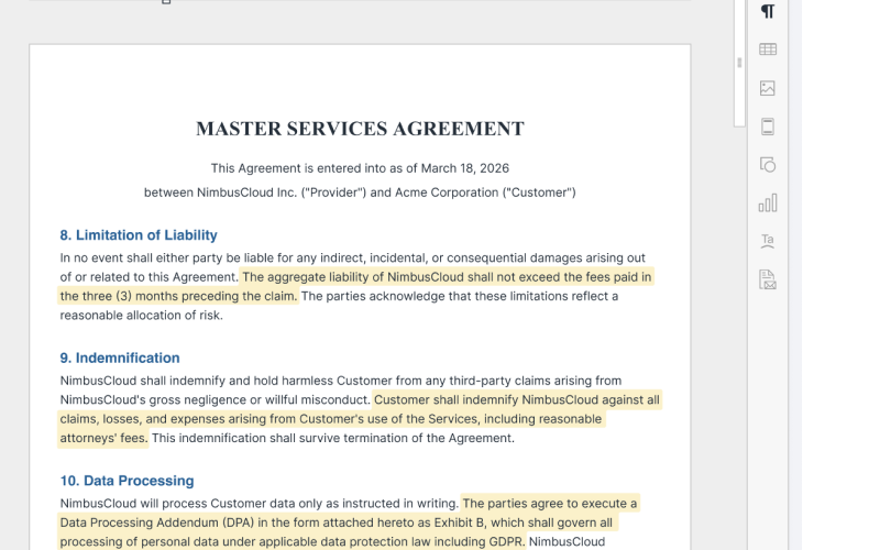 Contract record with clause findings highlighted