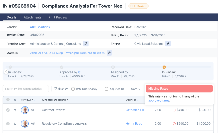 Invoice record with vendor, billing period and rate flag