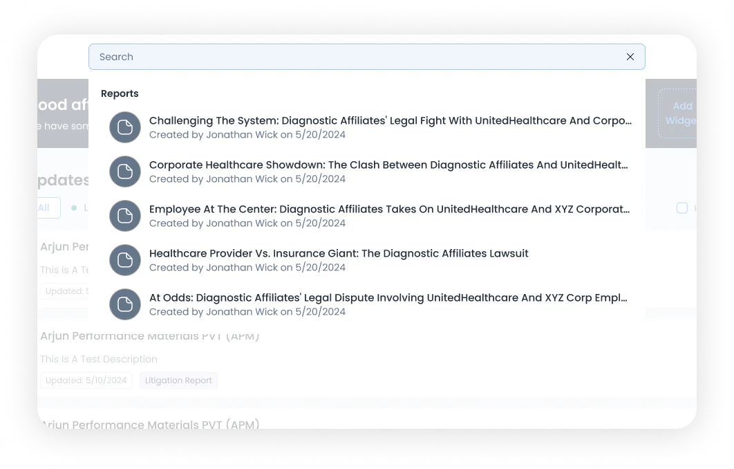 Universal search in ReportsVault returning matching reports